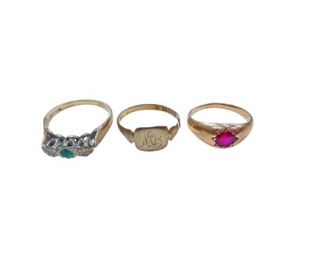 9ct gold three stone ring, 9ct gold signet ring (cut) and a yellow metal single stone ring (3)Two 9ct gold rings weigh 4 gram