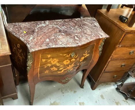 Louis XV style marquetry inlaid commode chest with marble top, 98cm wide, 43cm deep, 90cm high