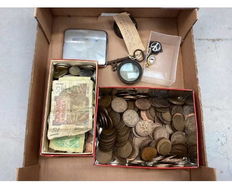 Group of coins, banknotes, plated cigarette case and sundries 