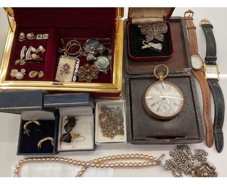 Group of costume jewellery including 18ct gold diamond three stone ring, 9ct gold ring, various earrings, gold plated pocket 