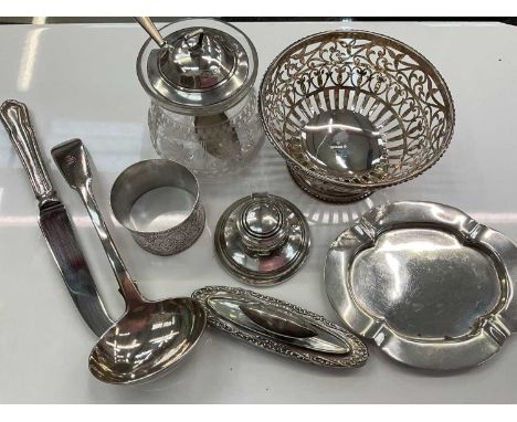 Group of silver to include a pierced bon bon dish, inkwell, silver mounted glass honey pot, silver pin dish, other silver and