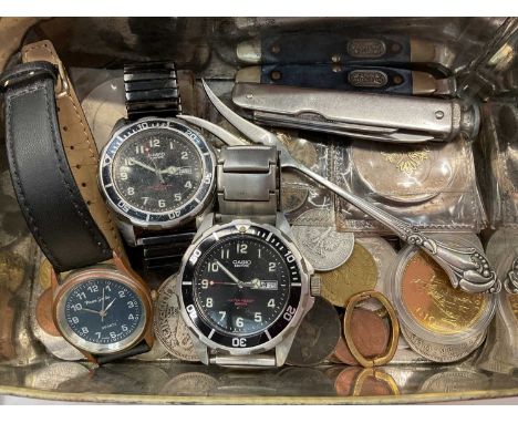 Two Casio Edifice wristwatches, one other watch, Danish sterling silver pickle fork, two penknives, various coins and banknot