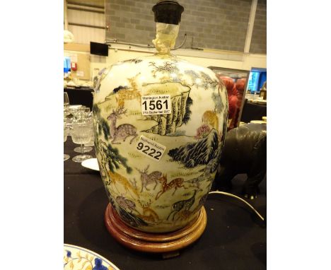 Large antique Chinese vase with deer attached to a lamp base, H: 45 cm