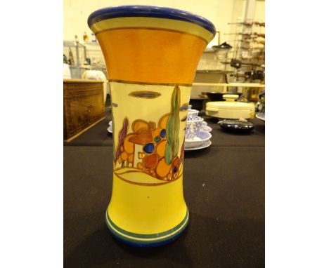 Clarice Cliff large Cottages trumpet vase, H: 30 cm CONDITION REPORT: There is a slight hairline crack to centre of vase but 