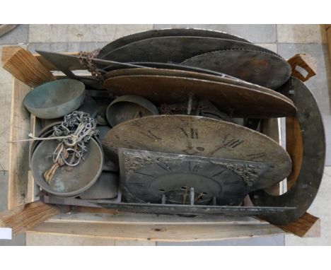 Assorted longcase clock dials, bells, etc. 