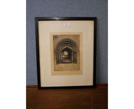 A signed Stanley Eades etching, Moorish door, framed