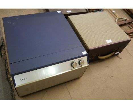 A vintage Ecko record player and box of records 