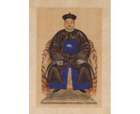 Late 19th/early 20th Century, Chinese school, portrait of a seated dignitary, watercolour on fabric, image 30cm x 20cm