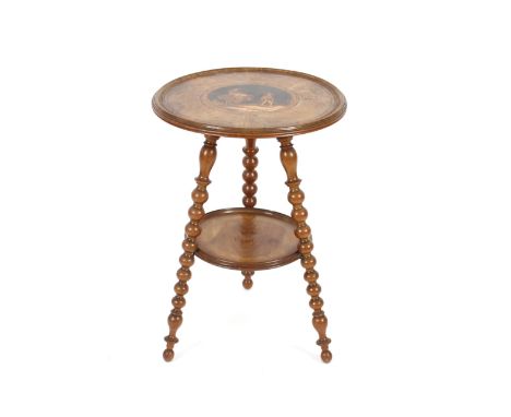 A 19th Century Sorrento ware two tier occasional table, of circular form, the top inlaid with a scene of a girl on a donkey a