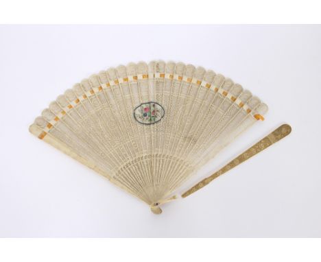 A mother of pearl and ivory fan, having painted decoration of a Romany girl playing a guitar; a boa feather fan; and a pierce