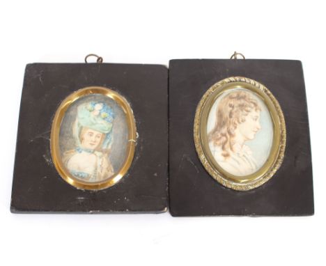 19th Century school, oval portrait miniature of a young lady; and another of a lady wearing a floral bonnet, contained in ebo