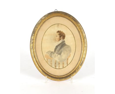 A 19th Century oval miniature portrait of a gentleman, contained in gilt frame; another of a lady wearing a fur stole and eve