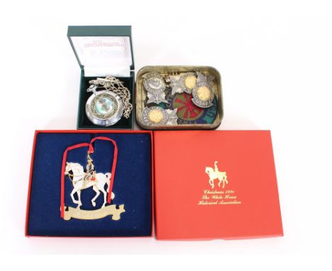 Various RAF Bentwaters USAF badges, White House Christmas 1991 commemorative brass decoration, a Russian boxed enamel pocket 
