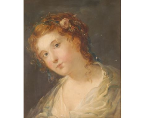 19th Century school, portrait study of a young woman with flowers in her hair, unsigned oil on canvas, 42cm x 33cm