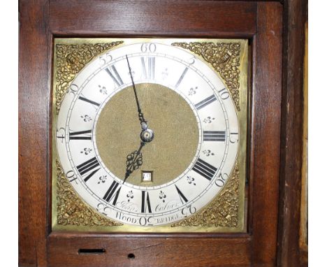 An oak long case clock, by John Calver, of Woodbridge, brass spandril dial with steel chapter ring and date aperture, full le