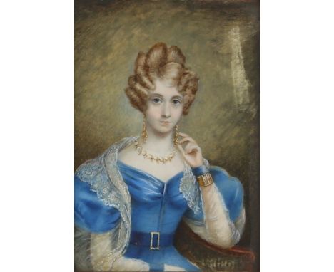 19th Century school, miniature portrait study of a lady seated wearing a blue dress, unsigned watercolour, 16cm x 11cm