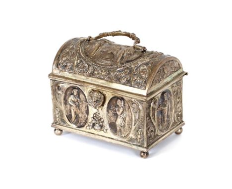 A Dutch white metal trinket casket, raised decoration of classical figures and foliage, 10cm long; and contents to include va