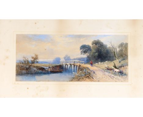 T.L. Rowbotham, study of a shepherdess in red cloak crossing a bridge over a river, attendant flock nearby, signed watercolou
