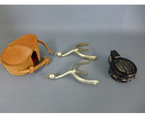 A 1944 Military compass MKIII with leather case and a pair of spurs - compass working