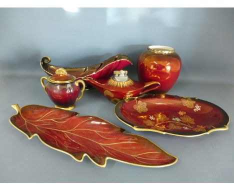 Six items or Carltonware Rouge Royal including table lighter in the form of an oil lamp, a leaf dish decorated with gilt, an 