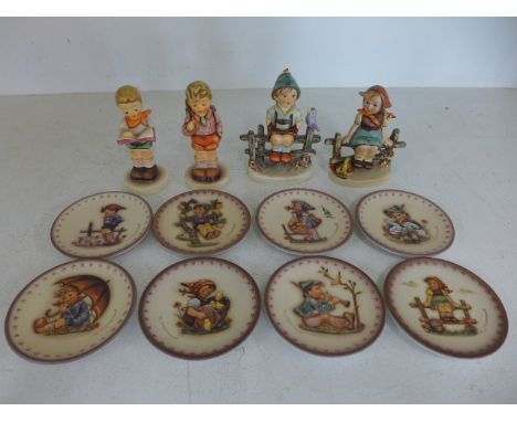 Four Hummel figures including two from Hummel club, two older and eight reproduction Hummel plates - all reproducing the plat