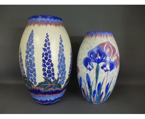 Two Carltonware handcraft vases, one with Hollihock design the other with tulip design impressed 443 to base for both, Hollih