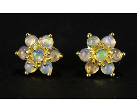 Pair of Opal Flower or Star Stud Earrings, each earring comprising seven round cut opals set in 14ct gold vermeil and silver 