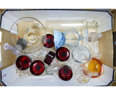 A mixed collection of glass items to include: art glass ash tray similar vase, rolling pin, bells, trays etc 