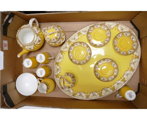 19th Century Royal Worcester Floral &amp; Gilt og Yellow Ground coffee set: cream sugar, four cans and saucers, lidded pot, c