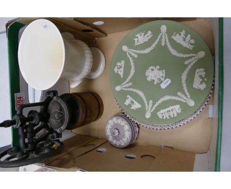 A mixed collection of items to include: Wedgwood Lilac Jasperware lidded pot, sage green wall plate, mechanical coffee grinde
