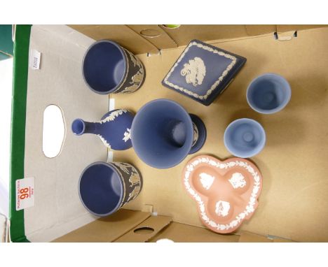 A collection of multi coloured Wedgwood jasper ware to include: dark blue pots, vases &amp; lidded boxes, terracotta pin dish