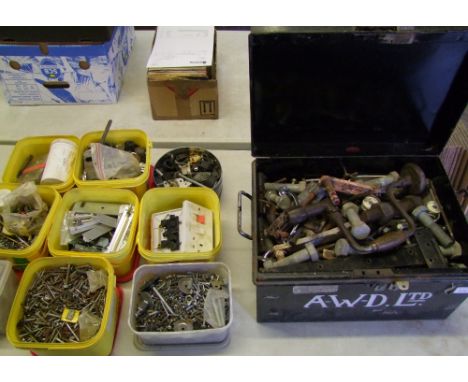 A large collection of fixings: bolts, nuts, washers and screws, together with a Clerkenwell vintage deeds/strong box (a/f). 