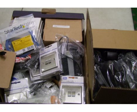 A collection of electrical items: light switches, cooling fans, leads, plug covers etc. 