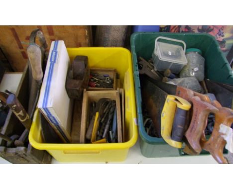 A collection of vintage hand tools: saws, drills, plane etc (3 trays) 