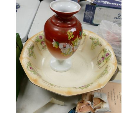 Large Victorian Hand Decorated Vase: together with similar age wash basin(2) 