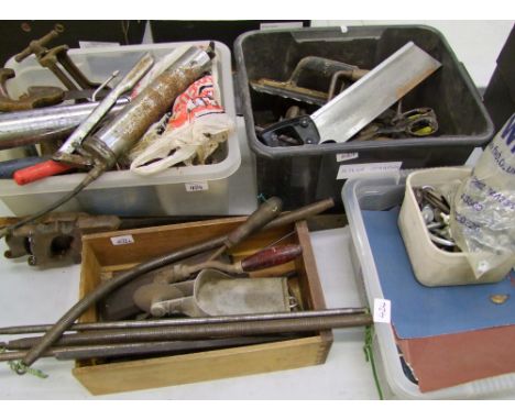 A collection of vintage hand tools: floorboard cutter, grease guns, clamps, saws, spanners etc (4 trays). 