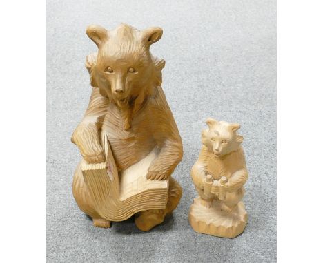 Large Hand Carved Wooden Bear: together with similar smaller item, height of tallest 36cm(2) 