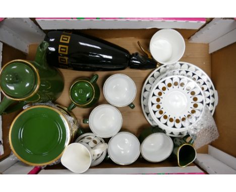 A mixed collection of item to include: Mid century John Russell Black Velvet Hostess Ware part tea set, continental ironstone