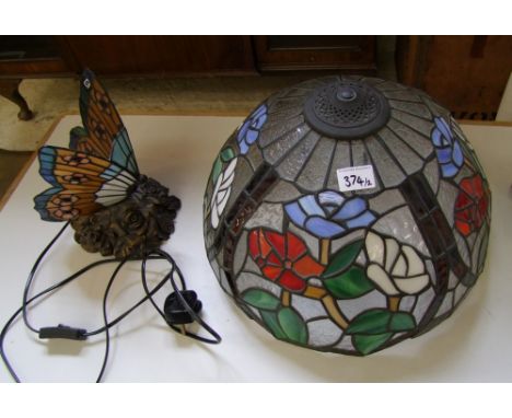 A large Tiffany style lamp shade: together with a modern butterfly/stained glass table lamp (2). 