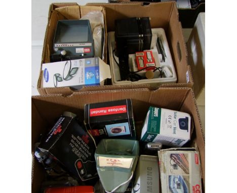 A mixed collection of items: including Edisay film viewer, Relecta light, headphones, microphones etc (2 trays). 