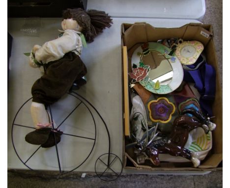 A mixed collection of items: Moda handbag, small wall mirror, large Sarah Anne doll on penny farthing etc. 