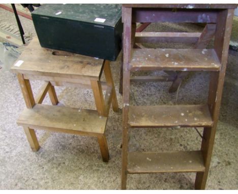 A set of vintage small step ladders: together with a homemade step/stool and a vintage painted pine box (3). 
