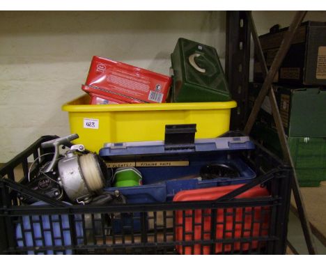 A quantity of vintage fishing equipment: reels, weights, floats, lures etc (2 trays). 