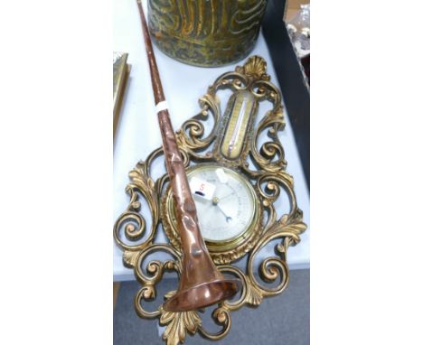 A mixed collection of items to include: copper hunting horn, Brass Bucket, hand beaten copper jug, barometer etc (5) 