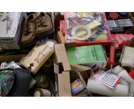 A mixed collection of DIY items and tools: angle grinder, steamer, rollers etc (4 trays). 