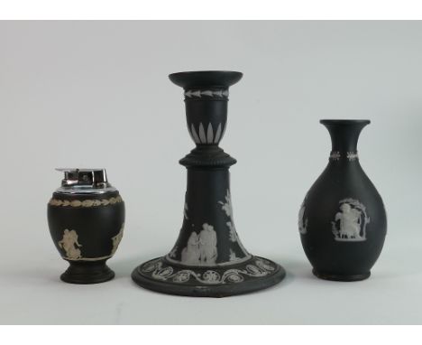 Wedgwood Black Basalt items to include: Vase, Candlestick &amp; lighter, height of tallest 18cm(3) 