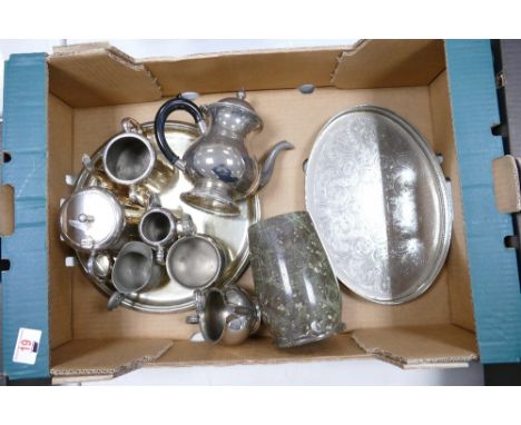 A mixed collection of items to include: silver plated gallery tray, similar tea service, stone vase etc 