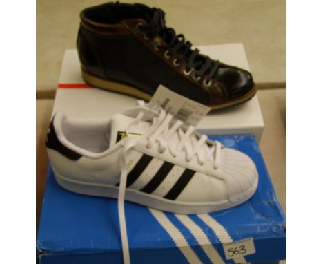 A pair of Adidas Superstars trainers (BNIB): together a pair of Pittarello Plus gents boots (very light wear) size 8.5 (2). 