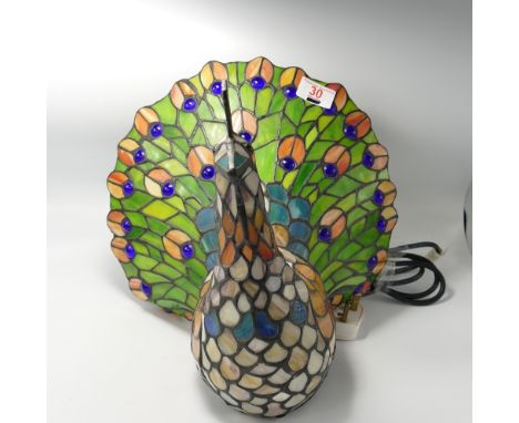 Large Leaded Glass Peacock Theme Table Light: height 31cm 