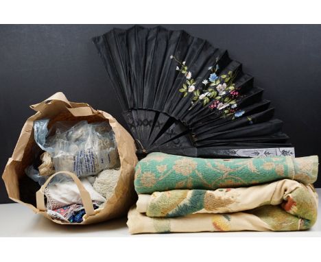 Liberty London green floral fabric with original label together with antique hand sewn woodland tapestry fabric, dated Nov 12